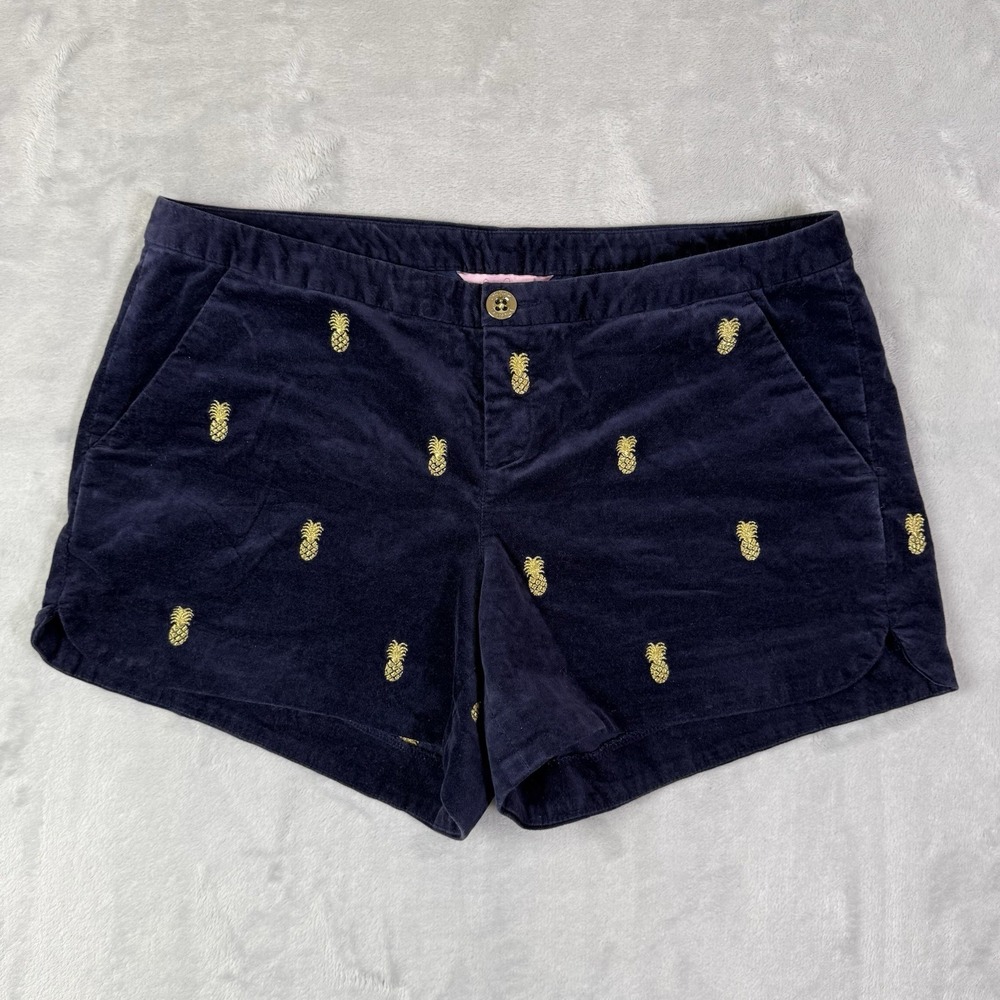 Lilly Pulitzer Shorts Pineapple Embroidered Size 4 Navy Blue Gold Beachy Velvet